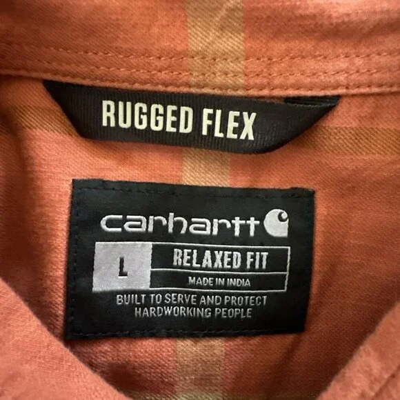 Carhartt Large Relaxed Rugged Flex Button Up Shirt Mens Orange Plaid Workwear - Picture 11 of 14
